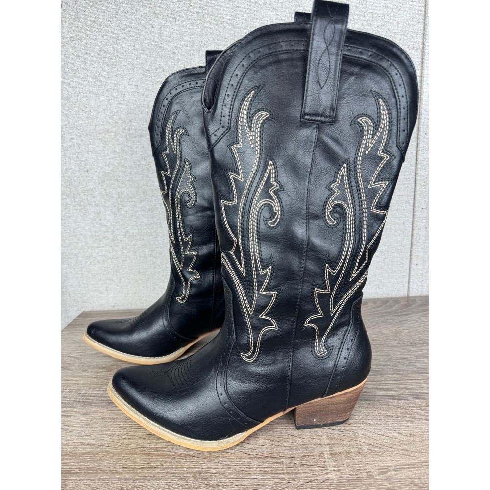 Rollda Women's Western Cowboy Boots Black Size 11 NZX01 Embroidered Pull-On